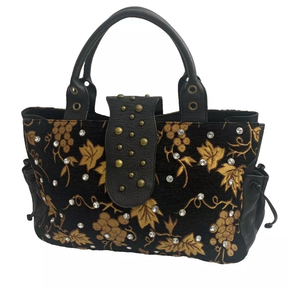 Carlos Falchi Black Leather Handbag Gold Embroidery Brass Studs Large Bag